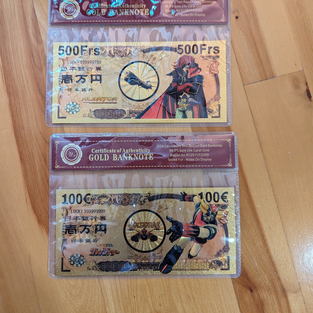 24k Gold Foil Plated Captain Harlock & Goldorak Banknote
